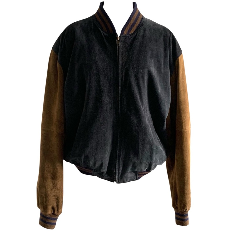 Vintage Y2K 90s Colebrook Men’s Large Tan & Navy Suede Varsity Leather Jacket